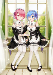 Rule 34 | 10s, 2girls, :d, black footwear, blue hair, blush, breasts, cleavage, cup, curtains, detached sleeves, e neko, feeding, food, full body, hair ornament, hair over one eye, highres, holding, holding spoon, indoors, light particles, long sleeves, looking at another, looking at viewer, maid, maid headdress, mary janes, medium breasts, multiple girls, open mouth, pantyhose, pink hair, plate, pudding, ram (re:zero), re:zero kara hajimeru isekai seikatsu, rem (re:zero), ribbon-trimmed clothes, ribbon-trimmed sleeves, ribbon trim, shoes, short hair, siblings, sisters, sitting, smile, spoon, teacup, tray, twins, white legwear, wide sleeves, window, x hair ornament