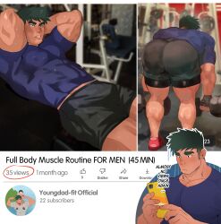 Rule 34 | 1boy, absurdres, ass, back, bara, black hair, black shorts, blue shirt, closed mouth, dumbbell, exercising, fake video, highres, holding, holding dumbbell, holding phone, large pectorals, looking at phone, male focus, muscular, muscular male, original, pectorals, phone, robokeh, shirt, short hair, shorts, weightlifting, youtube