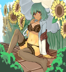 Rule 34 | 1girl, arm support, black bra, black panties, black thighhighs, bra, day, female focus, flower, green hair, highres, kalata, kazami yuuka, light smile, lingerie, looking at viewer, nature, navel, no pants, off shoulder, open clothes, open shirt, outdoors, panties, red eyes, shirt, short hair, sitting, solo, sunflower, thighhighs, touhou, underwear