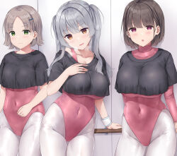 3girls :o absurdres black_shirt blunt_bangs blush bodysuit bracelet breasts breath brown_eyes brown_hair closed_mouth commentary_request commission covered_navel cropped_shirt green_eyes grey_hair groin hand_on_own_chest highleg highleg_leotard highres impossible_bodysuit impossible_clothes jewelry large_breasts leotard leotard_under_leotard long_hair looking_at_viewer medium_breasts mizunashi_kenichi multiple_girls open_mouth original parted_bangs pink_leotard pixiv_commission purple_eyes shirt short_hair short_sleeves sleeveless sleeveless_bodysuit small_breasts smile standing twintails white_bodysuit