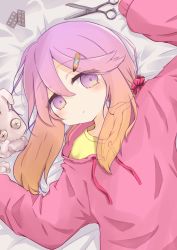 Rule 34 | 1girl, arm up, bed sheet, blush, brown hair, closed mouth, commentary, damaged, drawstring, gradient hair, hair between eyes, hair ornament, hairclip, hand up, highres, kantai collection, long hair, long sleeves, looking at viewer, lying, multicolored hair, on back, pill, pink sweater, puffy long sleeves, puffy sleeves, purple eyes, purple hair, ridy (ri sui), scissors, shirt, sleeves past wrists, solo, stuffed animal, stuffed rabbit, stuffed toy, sweater, symbol-only commentary, tsushima (kancolle), upper body, yellow shirt