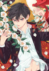 Rule 34 | 1boy, bird, bird on hand, bishounen, black cape, black hair, buttons, camellia, cape, cherry blossom print, collared shirt, commentary request, dress shirt, fingernails, floral print, flower, gakuran, grey eyes, hair between eyes, hands up, unworn headwear, highres, jacket, kasukabe akira, kikumon, leaf, long sleeves, looking at viewer, male focus, midriff peek, navel, open clothes, open jacket, original, parted lips, partially unbuttoned, peacock, petals, red cape, school uniform, shirt, short hair, solo, stomach, tsurime, two-sided fabric, upper body, white flower, white shirt, yellow background