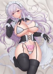 Rule 34 | 1girl, absurdres, alternate costume, apron, unworn apron, azur lane, bed sheet, belfast (azur lane), bikini, black gloves, black ribbon, black sleeves, black thighhighs, blush, braid, breasts, cleavage, cleft of venus, closed mouth, commentary, corset, covered erect nipples, cowboy shot, french braid, frilled apron, frills, garter straps, gloves, groin, hair between eyes, hand up, highleg, highleg bikini, highres, knee up, large breasts, long hair, long sleeves, looking at viewer, lying, maid, maid apron, maid headdress, navel, neck ribbon, on back, pinkcap, pubic tattoo, puffy long sleeves, puffy sleeves, purple eyes, ribbon, shadow, shrug (clothing), sidelocks, silver hair, skindentation, smile, solo, stomach, swimsuit, tattoo, thighhighs, underboob, white bikini, wrist cuffs