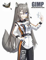 Rule 34 | absurdres, animal ears, blue eyes, bodysuit, breasts, closed mouth, gimp (software), gnu, grey hair, highres, long hair, long sleeves, looking at viewer, one eye closed, paintbrush, paintbrush in mouth, personification, phonetik, rainbow, small breasts, smile, tail, white background, wilber (gimp)