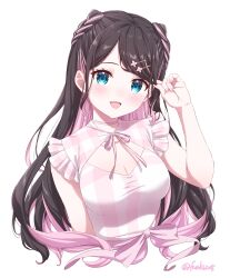 Rule 34 | 1girl, absurdres, adjusting hair, black hair, blue eyes, blush, bow, breasts, choker, cleavage, cleavage cutout, clothing cutout, colored inner hair, dress, fang, frilled dress, frills, fuusuke (fusuke208), hair ornament, highres, kaga nazuna, long hair, looking at viewer, lupinus virtual games, medium breasts, mole, mole under eye, multicolored hair, open mouth, pink bow, pink choker, pink dress, pink hair, plaid, plaid dress, simple background, sleeveless, sleeveless dress, solo, two-tone hair, upper body, virtual youtuber, vspo!, white background, white dress