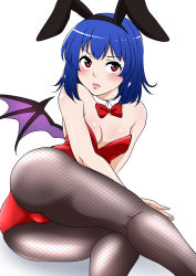 Rule 34 | 1girl, alternate costume, alternate hair color, animal ears, ass, bare shoulders, bat wings, black pantyhose, blue hair, blush, bow, bowtie, breasts, cameltoe, cleavage, closed mouth, commentary, detached sleeves, eyelashes, fake animal ears, fang, fat mons, fishnet pantyhose, fishnets, highres, leotard, lips, lipstick, looking at viewer, lying, makeup, medium breasts, on side, pantyhose, playboy bunny, rabbit ears, red bow, red bowtie, red eyes, red leotard, remilia scarlet, shiraue yuu, short hair, simple background, sleeveless, solo, touhou, white background, wings