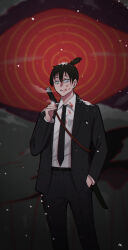 Rule 34 | 1boy, black hair, black jacket, black necktie, black pants, blood, blood on clothes, blood on face, blue eyes, chainsaw man, cigarette, collared shirt, formal, fox devil (chainsaw man), gun sling, hand in pocket, hayakawa aki, highres, holding, holding cigarette, jacket, katana, looking at viewer, necktie, nekonbini, pants, red eyes, ringed eyes, shirt, shirt tucked in, short hair, smoke, smoking, snow on head, snowing, suit, suit jacket, sword, topknot, weapon, weapon on back, white shirt