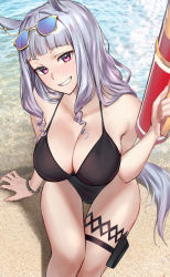 Rule 34 | 1girl, absurdres, animal ears, bare shoulders, black one-piece swimsuit, blunt bangs, breasts, casual one-piece swimsuit, commentary, day, eyewear on head, from above, gold ship (run revolt launcher) (umamusume), gold ship (umamusume), grey hair, grin, hand up, highres, holding, horse ears, horse girl, horse tail, large breasts, looking at viewer, monegi, official alternate costume, one-piece swimsuit, outdoors, photo background, pink eyes, pouch, sitting, smile, sunglasses, swimsuit, symbol-only commentary, tail, thigh gap, thigh pouch, thigh strap, thighs, umamusume, water, water gun, wristband