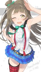Rule 34 | arm up, armpits, blue skirt, bow, bowtie, brown hair, hand on own head, happy birthday, hayashi kewi, long hair, looking at viewer, love live!, love live! school idol project, minami kotori, miniskirt, one eye closed, open mouth, ribbon, shirt, skirt, sleeveless, sleeveless shirt, smile, solo, thigh strap, white background, white shirt, yellow eyes
