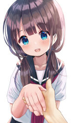 Rule 34 | 1girl, :d, black sailor collar, blue eyes, blush, brown hair, collarbone, commentary request, highres, holding hands, long hair, looking at viewer, low twintails, mimikaki (men bow), neckerchief, open mouth, original, out of frame, purple neckerchief, sailor collar, school uniform, serafuku, shirt, short sleeves, simple background, smile, solo focus, teeth, twintails, upper teeth only, white background, white shirt