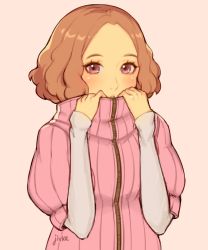 Rule 34 | 1girl, artist name, blush, brown hair, collar tug, commentary, covering face, jivke, layered sleeves, long sleeves, okumura haru, persona, persona 5, pink sweater, purple eyes, ribbed sweater, short over long sleeves, short sleeves, solo, sparkling eyes, sweater, turtleneck, turtleneck sweater