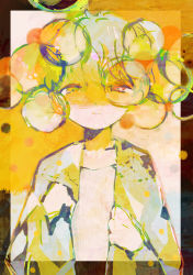 Rule 34 | abstract background, androgynous, blue hair, bubble, gender request, half-closed eyes, highres, looking at viewer, original, shirt, short hair, solo, tsukamoto anabone, yellow background, yellow eyes