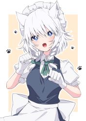 Rule 34 | 1girl, animal ears, apron, blue eyes, border, bow, braid, bright pupils, cat ears, clenched hands, fang, gloves, green bow, hair bow, highres, izayoi sakuya, looking at viewer, maid, maid headdress, medium hair, open mouth, paw print, puffy short sleeves, puffy sleeves, short sleeves, side braids, simple background, skin fang, solo, standing, touhou, tsukimirin, twin braids, waist apron, white apron, white border, white gloves, white hair, white pupils, yellow background