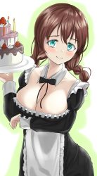 Rule 34 | 1girl, apron, aqua eyes, artist name, artist request, black bow, black dress, black skirt, blue eyes, blush, bow, bowtie, braid, breasts, brown hair, cake, candle, cleavage, close-up, dress, emma verde, female focus, food, freckles, frilled apron, frilled dress, frilled shirt collar, frills, hair between eyes, hair tie, highres, holding, holding plate, long hair, long sleeves, looking at viewer, love live!, love live! nijigasaki high school idol club, maid, maid apron, medium breasts, miniskirt, parted lips, plaid, plaid dress, plaid skirt, plate, pleated, pleated dress, pleated skirt, puffy long sleeves, puffy short sleeves, puffy sleeves, red hair, short sleeves, skirt, smile, solo, twin braids, twintails, white apron, wing collar