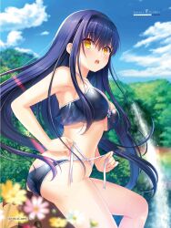 Rule 34 | 1girl, :o, absurdres, ass, bare arms, bikini, black bikini, black hairband, blue hair, blue sky, blurry, blush, breasts, cloud, day, depth of field, flower, forest, hair between eyes, hairband, highres, incredibly absurdres, key (company), kushima kamome, long hair, looking at viewer, medium breasts, na-ga, nature, official art, open mouth, outdoors, rainbow, sidelocks, sitting, sky, solo, suitcase, summer pockets, swimsuit, teeth, thighs, twisted torso, upper teeth only, water, waterfall, yellow eyes