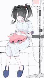 Rule 34 | 1girl, alternate costume, ame-chan (needy girl overdose), animal, animal on lap, bandaged arm, bandages, black hair, blood, blood bag, blue footwear, blush, cat, full body, grey eyes, hair over one eye, highres, hospital gown, intravenous drip, iv stand, needy girl overdose, on lap, open mouth, short sleeves, sitting, slippers, solo, twintails, white background, yuyuyuyhz