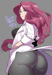 Rule 34 | 1girl, 2020, agawa ryou, ass, breasts, commentary, dated, from behind, glasses, green eyes, grey background, hands in pockets, huge ass, lab coat, large breasts, looking at viewer, looking back, original, purple hair, simple background, smile, solo, thick thighs, thighs, white background