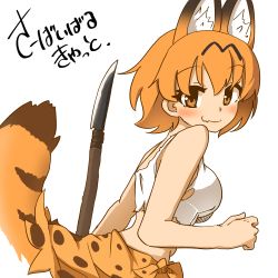 Rule 34 | 1girl, 370ml, animal ear fluff, animal ears, breasts, closed mouth, fang, from side, holding, holding polearm, holding spear, holding weapon, kemono friends, leaning forward, looking at viewer, looking back, medium breasts, orange eyes, orange hair, orange sarong, polearm, print sarong, sarong, serval (kemono friends), serval print, serval tail, shirt, short hair, simple background, skin fang, smile, solo, spear, standing, striped tail, survival friends, tail, torn, torn clothes, torn shirt, translated, upper body, weapon, white background, white shirt