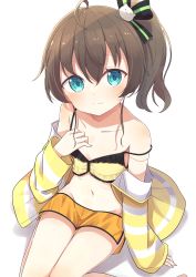 Rule 34 | 1girl, absurdres, ahoge, bare shoulders, blue eyes, blush, brown hair, camisole, cat hair ornament, closed mouth, collarbone, commentary request, groin, hair between eyes, hair ornament, hand up, highres, hololive, jacket, long sleeves, natsuiro matsuri, natsuiro matsuri (matsuri&#039;s day off), navel, off shoulder, okota mikan, open clothes, open jacket, orange shorts, shadow, short shorts, shorts, side ponytail, smile, solo, strap slip, striped clothes, striped jacket, virtual youtuber, white background, yellow camisole