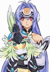 Rule 34 | 2girls, android, bare shoulders, bird, blue eyes, blue hair, breasts, elbow gloves, finch (xenoblade), forehead protector, gloves, goggles, highres, hug, kos-mos, large breasts, long hair, looking at viewer, multiple girls, red eyes, simple background, very long hair, xenoblade chronicles (series), xenoblade chronicles 2, xenosaga, zest (rhythmshock)