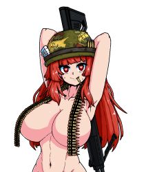 Rule 34 | 1girl, armpits, arms behind head, arms up, army, breasts, bullet, bullet in mouth, censored nipples, cigarette pack, collarbone, completely nude, convenient censoring, formicid, gun, heart, heart-shaped pupils, heavy machine gun, helmet, large breasts, last origin, leprechaun (last origin), long hair, looking at viewer, machine gun, navel, nude, peace symbol, red eyes, red hair, shell casing, simple background, smile, solo, sweat, sweatdrop, symbol-shaped pupils, weapon, white background