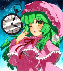 Rule 34 | 1girl, bad id, bad pixiv id, blue background, capelet, dress, frilled capelet, frills, gradient background, green eyes, green hair, hat, kazami yuuka, long hair, looking at viewer, neck ribbon, nightcap, one eye closed, pink capelet, pink dress, pink hat, pocket watch, qqqrinkappp, red ribbon, ribbon, shadow, shikishi, solo, touhou, traditional media, upper body, watch