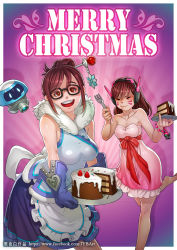 Rule 34 | 2girls, :d, adapted costume, apron, artist name, bare shoulders, barefoot, bead bracelet, beads, black-framed eyewear, blue gloves, blue skirt, bracelet, breasts, brown eyes, brown hair, cake, christmas, closed eyes, closed mouth, collarbone, cowboy shot, d.va (overwatch), dress, drone, eating, facebook username, facepaint, facial mark, floating, food, fork, frilled apron, frills, fur trim, glasses, gloves, hair bun, hair ornament, hair stick, headphones, highres, holding, holding fork, holding plate, jewelry, leg up, long hair, looking at viewer, machinery, maid apron, medium breasts, mei (overwatch), merry christmas, multiple girls, open mouth, overwatch, overwatch 1, pink dress, plate, red ribbon, ribbon, robot, sash, short hair, single hair bun, skirt, sleeveless, sleeveless dress, smile, snowball (overwatch), snowflake hair ornament, standing, standing on one leg, strapless, strapless dress, watermark, web address, whisker markings, zhaoyebai