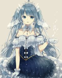 Rule 34 | 1girl, alternate sleeve length, amulet, bare shoulders, beamed eighth notes, blue dress, blue eyes, blue hair, cape, commentary, cowboy shot, detached collar, detached sleeves, dress, earrings, eighth note, framed breasts, frilled dress, frills, gloves, hair ornament, hand up, haruta (user dndp3458), hatsune miku, highres, holding, jewelry, layered dress, light smile, looking at viewer, musical note, petticoat, princess, puffy short sleeves, puffy sleeves, quarter note, short sleeves, star (symbol), star print, tiara, vocaloid, white gloves, yuki miku, yuki miku (2019)