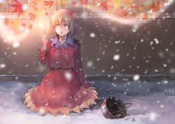 Rule 34 | 1girl, aki shizuha, autumn leaves, basket, brown eyes, fire, hair ornament, holding, ichiba youichi, kneeling, leaf hair ornament, little match girl, matches, no headwear, no headwear, open mouth, snow, snowing, solo, touhou