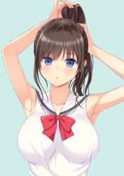 Rule 34 | 1girl, armpits, arms up, bare arms, bare shoulders, blue eyes, blush, bow, breasts, brown hair, fingernails, green background, hair between eyes, high ponytail, highres, large breasts, long hair, n.g., original, parted lips, ponytail, red bow, sailor collar, school uniform, serafuku, shirt, sidelocks, simple background, sleeveless, sleeveless shirt, solo, upper body, white sailor collar, white shirt