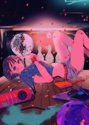 Rule 34 | 1girl, :q, ball, belt, black hair, blue eyes, blue shirt, bowling alley, bowling ball, bowling pin, confetti, crop top, digital media player, disco ball, earbuds, earphones, facial mark, fire extinguisher, from side, highres, legs up, looking at viewer, lying, midriff, najuco (naju0517), on back, original, phonograph, record, shirt, short shorts, short sleeves, shorts, solo, tongue, tongue out, turntable, wristband