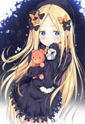 Rule 34 | 1girl, :o, abigail williams (fate), black bow, black dress, black hat, blonde hair, blue eyes, blush, bow, bug, butterfly, commentary request, dress, fate/grand order, fate (series), flower, forehead, frilled sleeves, frills, glint, hair bow, hat, highres, hugging object, insect, light particles, long hair, long sleeves, looking at viewer, orange bow, parted bangs, parted lips, polka dot, polka dot bow, sidelocks, sleeves past fingers, sleeves past wrists, solo, standing, star (symbol), stuffed animal, stuffed toy, teddy bear, tomoo (tomo), very long hair