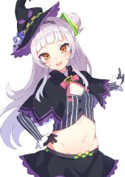 Rule 34 | 1girl, arched bangs, black capelet, black headwear, black skirt, black sleeves, breasts, capelet, cleavage cutout, clothing cutout, cropped shirt, fragir, grey hair, grey shirt, hair bun, hand on own hip, hat, highres, hololive, long hair, looking at viewer, murasaki shion, murasaki shion (1st costume), navel, open mouth, shirt, sidelocks, single hair bun, skirt, small breasts, smile, striped clothes, striped shirt, teeth, tilted headwear, upper teeth only, vertical-striped clothes, vertical-striped shirt, virtual youtuber, witch hat, yellow eyes