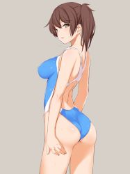 Rule 34 | 10s, 1girl, alternate costume, ass, back cutout, bad id, bad twitter id, beige background, blue one-piece swimsuit, breasts, brown hair, clothing cutout, competition swimsuit, covered erect nipples, female focus, from behind, from side, grey background, highleg, highleg swimsuit, highres, kaga (kancolle), kanna kanaki, kantai collection, large breasts, looking at viewer, looking back, one-piece swimsuit, parted lips, side ponytail, simple background, skindentation, solo, swimsuit, wet, wet hair, yellow eyes