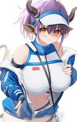 Rule 34 | 1girl, animal ears, arknights, arm strap, bag, bare shoulders, bikini, bikini under clothes, black gloves, blue jacket, bottle, breasts, cow ears, cow girl, cow horns, cow tail, cowboy shot, fingerless gloves, gloves, hand on own chest, hat, highres, horns, huge breasts, jacket, leaning forward, looking at viewer, navel, nokke o, off shoulder, official alternate costume, open clothes, open jacket, orange eyes, parted lips, purple hair, short hair, short ponytail, shoulder bag, sideroca (arknights), sideroca (light breeze) (arknights), smile, solo, swimsuit, tail, visor cap, white bikini, white hat