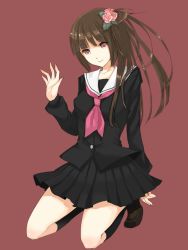 1girl bad_id bad_pixiv_id black_legwear brown_hair female_focus full_body hair_ornament highres kurasawa_moko long_hair looking_at_viewer original pink_eyes pleated_skirt school_uniform seiza serafuku shoes simple_background sitting skirt smile solo