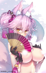 Rule 34 | 1girl, animal ear fluff, animal ears, bare shoulders, black gloves, blush, breasts, brown eyes, censored, censored nipples, closed mouth, commentary request, convenient censoring, double bun, fate/grand order, fate (series), folding fan, fox ears, fox girl, fox tail, furrowed brow, glasses, gloves, hair between eyes, hair bun, hair ornament, hand fan, hand on own chest, hands up, holding, holding fan, hong (white spider), koyanskaya (fate), large breasts, looking at viewer, nude, petals, pink hair, semi-rimless eyewear, smile, solo, steam, steam censor, tail, tail raised, tamamo (fate), under-rim eyewear, upper body, white background