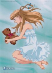 Rule 34 | 1990s (style), 1girl, absurdres, armpits, barefoot, blonde hair, blue eyes, bow, bowtie, braid, character name, copyright name, dated, english text, feet, french braid, from above, from side, full body, gundam, gundam wing, highres, holding, holding stuffed toy, indoors, lingerie, nightgown, official art, pink bow, pink bowtie, relena peacecraft, retro artstyle, saitou koutoku, solo, stuffed animal, stuffed toy, teddy bear, twin braids, underwear