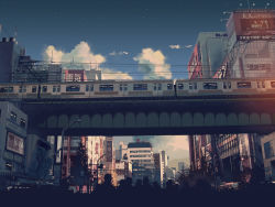 Rule 34 | akihabara (tokyo), bridge, building, cityscape, cloud, cloudy sky, houjou takasi, original, real world location, road sign, sign, silhouette, sky, sunset, tokyo (city), traffic light, train
