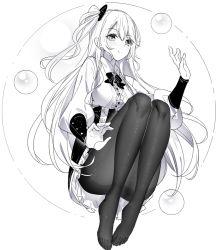 Rule 34 | 1girl, blush, bow, breasts, center frills, collared shirt, emily stock, frilled skirt, frills, full body, greyscale, hair between eyes, hair bow, hand up, knees up, long hair, long sleeves, medium breasts, monochrome, no shoes, nose blush, one side up, original, pantyhose, puffy long sleeves, puffy sleeves, ririko (zhuoyandesailaer), shirt, simple background, skirt, smile, solo, thighband pantyhose, very long hair, white background