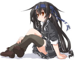 Rule 34 | 10s, 1girl, :o, asymmetrical legwear, black hair, black skirt, black thighhighs, blush, dd (ijigendd), full body, hatsushimo (kancolle), hatsushimo kai ni (kancolle), headband, kantai collection, loafers, long hair, low-tied long hair, open mouth, orange eyes, pleated skirt, shoes, short sleeves, simple background, single thighhigh, sitting, skirt, solo, thighhighs, uneven legwear, white background