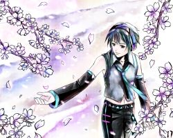Rule 34 | 1boy, bad id, bad pixiv id, bare shoulders, blue hair, cherry blossoms, detached sleeves, genderswap, genderswap (ftm), hatsune miku, hatsune mikuo, kannagara kanagi, male focus, necktie, solo, vocaloid