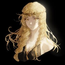 Rule 34 | 1girl, bare shoulders, black background, black dress, blonde hair, braid, breasts, cleavage, close-up, dress, elden ring, gold diadem, highres, long hair, looking at viewer, pakino, queen marika the eternal, simple background, solo, yellow eyes