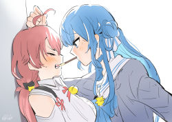 Rule 34 | 2girls, ahoge, artist name, blue eyes, blue hair, blush, closed eyes, commentary request, dated, detached sleeves, face-to-face, facing another, food, from side, grabbing another&#039;s hair, highres, hololive, hoshimachi suisei, hoshimachi suisei (school uniform), kabedon, kamejikiriga, looking at another, multiple girls, pink hair, pocky, pocky kiss, profile, sailor collar, sakura miko, sakura miko (casual), shared food, upper body, virtual youtuber, yuri