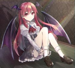Rule 34 | 1girl, alternate costume, ascot, bad id, bad pixiv id, black skirt, brooch, brown footwear, clothes lift, collared shirt, commentary request, demon wings, hands under legs, head wings, high-waist skirt, indoors, jewelry, koakuma, long hair, long sleeves, looking at viewer, meme attire, nail polish, panties, pantyshot, puffy long sleeves, puffy sleeves, rainbow, red eyes, red hair, red nails, room, shadow, shirt, shoes, sidelocks, sitting, skirt, skirt lift, socks, solo, sparkle, tadaomi (amomom), touhou, underwear, virgin killer outfit, wall, white socks, wings, wooden floor