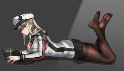Rule 34 | 1girl, ayakumo, black gloves, blonde hair, blush, breasts, brown pantyhose, capelet, crossed ankles, feet, feet up, female focus, gloves, graf zeppelin (kancolle), grey eyes, hair between eyes, hat, jacket, jewelry, kantai collection, large breasts, long hair, looking at viewer, lying, military, military uniform, miniskirt, necktie, on stomach, pantyhose, peaked cap, profile, ring, sidelocks, simple background, single glove, skirt, smile, solo, the pose, thighband pantyhose, tsurime, twintails, uniform, wedding band