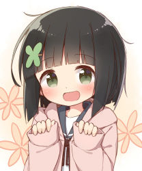 Rule 34 | 1girl, :d, ayanepuna, black hair, black ribbon, black sailor collar, blush, brown background, commentary request, floral background, gradient background, green eyes, hair ornament, hairclip, hands up, highres, hood, hood down, hooded jacket, jacket, long sleeves, looking at viewer, neck ribbon, open mouth, original, pink jacket, ribbon, sailor collar, shirt, short hair, sleeves past wrists, smile, solo, upper body, white background, white shirt, yuune (ayanepuna)