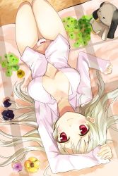 Rule 34 | 1girl, absurdres, bed, blush, bow, bow panties, dress shirt, from above, hand on forehead, highres, long hair, lying, mole, mole under eye, on back, original, panties, red eyes, shirt, smile, solo, stuffed animal, stuffed toy, underwear, upside-down, yoshizawa tsubaki