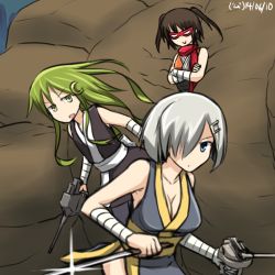 Rule 34 | &gt;:o, 10s, 3girls, :&gt;, :o, alternate costume, bandaged arm, bandages, blue eyes, breasts, cleavage, crescent, crescent hair ornament, crossed arms, dated, green hair, hair ornament, hair over one eye, hairclip, hamakaze (kancolle), hamu koutarou, kantai collection, large breasts, long hair, mask, multiple girls, nagatsuki (kancolle), ninja, ninjatou, scarf, sendai (kancolle), short hair, short sword, silver hair, sword, twintails, v-shaped eyebrows, weapon