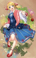 Rule 34 | 1girl, :d, absurdres, alternate costume, apple, ayase eli, blue dress, blue eyes, breasts, commentary request, dress, floral background, food, fruit, full body, head scarf, highres, legs, looking at viewer, love live!, love live! school idol project, medium breasts, nakano maru, open mouth, pink headwear, red footwear, shoes, short hair, smile, solo, standing, standing on one leg, teeth, twitter username, upper teeth only